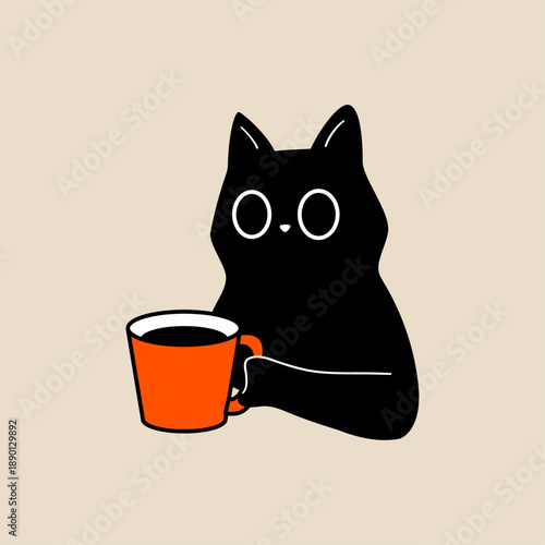 Cozy Black Cat With Coffee Mug, Minimal Hand Drawn Flat Vector, Beige Background