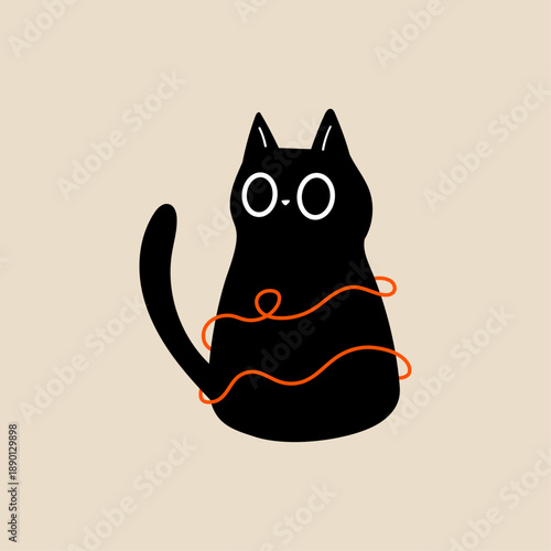 Minimal Black Cat With Yarn Stripe, Cute Hand Drawn Flat Vector, Beige Background