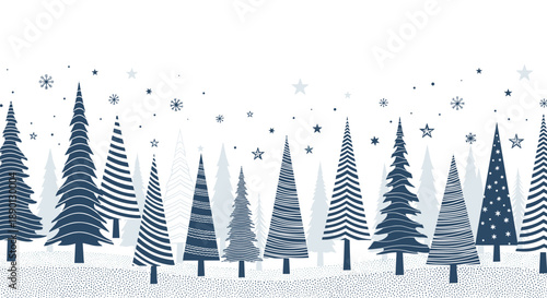 Winter landscape featuring a dense line of stylized pine trees in varying blue tones under a sky filled with stars and falling snowflakes.