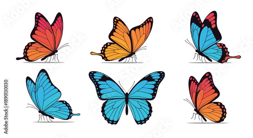 Set of six colorful butterflies in flight positions and colors like orange, blue, and red with detailed wing patterns on white backdrop.