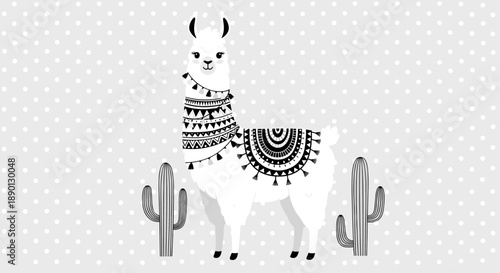 Cute white llama wearing a decorative black and white patterned blanket standing between two tall cacti on a grey polka dot background scene.