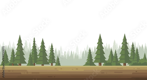 A serene landscape of evergreen trees standing in a field viewed from a slight elevation