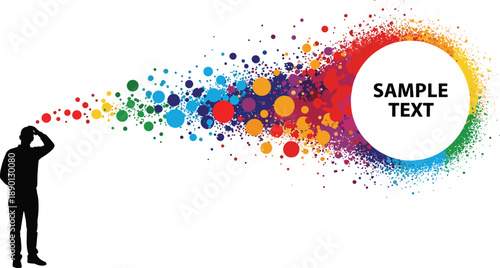 Silhouette of Creative Man Thinking with Explosion of Colorful Dots and Rainbow Splatters Leading to Circular Frame for Sample Text and Innovative Business Ideas