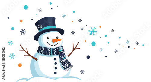 Happy snowman wearing a navy blue top hat and a matching patterned scarf surrounded by colorful floating circles and stylized blue snowflakes.