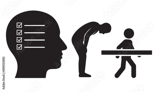 Silhouette of a person bowing deeply before a desk with another person, representing submission or a heavy task.