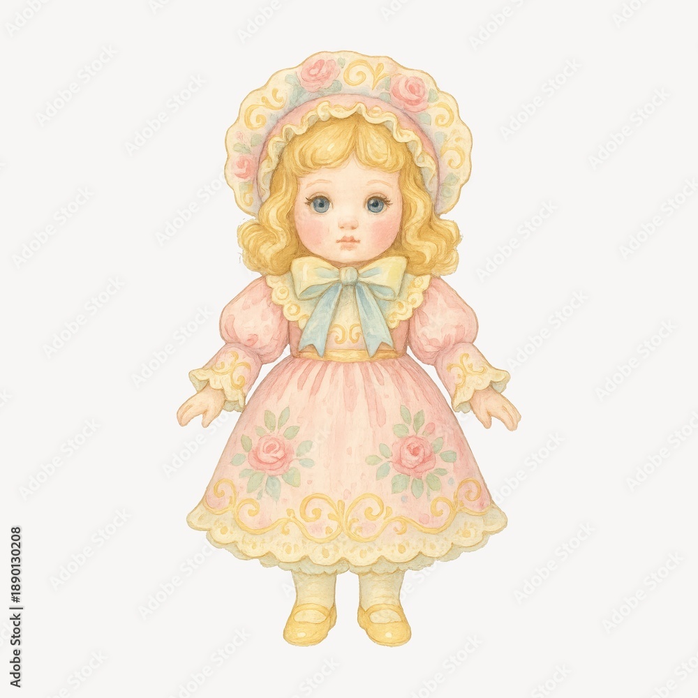 Fototapeta premium Vintage doll illustration with bonnet.