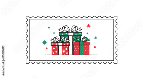 Festive illustration of three stacked Christmas gift boxes with bows inside a rectangular stamp border with a scalloped edge on white base.