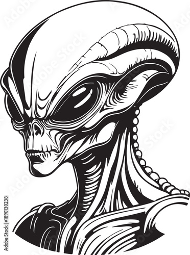 Alien Head Black and White Vector Illustration Sci-Fi Creature Design