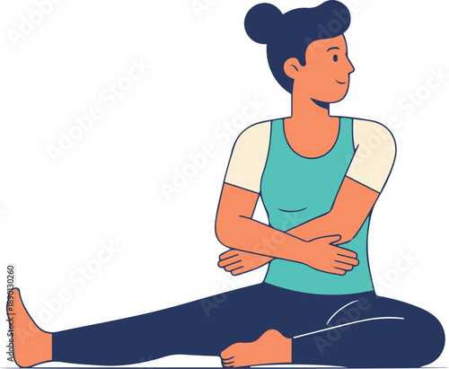 Flat vector illustration of a smiling woman performing a seated spinal twist yoga pose or stretching exercise, with one leg extended and the other bent.