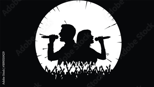 Silhouette of Male and Female Singers Performing a Duet with Microphones in a Spotlight Before a Cheering Audience for Karaoke Night and Live Music