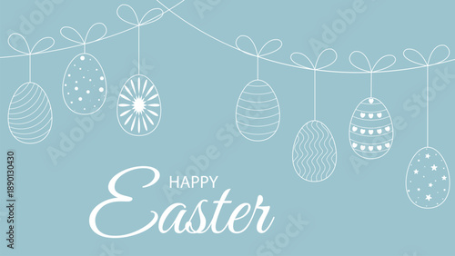 Festive Happy Easter banner. Background with silhouette of hanging painted eggs. Template for postcards, invitations, greetings, vector graphic