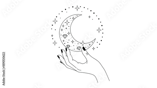 Mystical line art illustration of a graceful hand holding a crescent moon decorated with stars and tiny diamonds in a celestial circle.