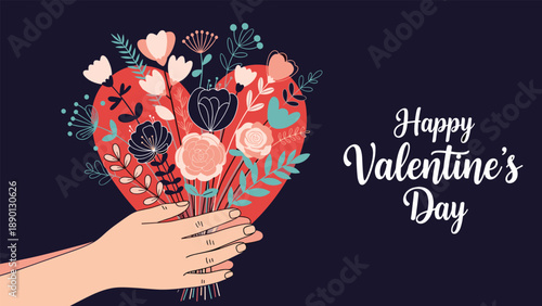 Romantic happy valentines day greeting card design showing hands holding a beautiful floral bouquet against a large red heart shape.