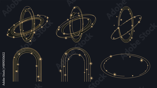 Collection of mystical golden astronomical elements featuring planetary rings and celestial arches decorated with glowing stars on dark sky.