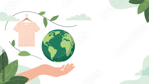 Sustainable fashion concept featuring a hand holding the planet earth surrounded by green leaves and a tshirt for eco friendly lifestyle.