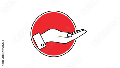 Minimalist vector illustration of an open human hand gesture inside a red circular frame symbolizing giving or receiving help and support.