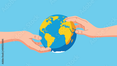Global cooperation and environmental protection concept showing two human hands reaching out to support the planet earth on blue background.