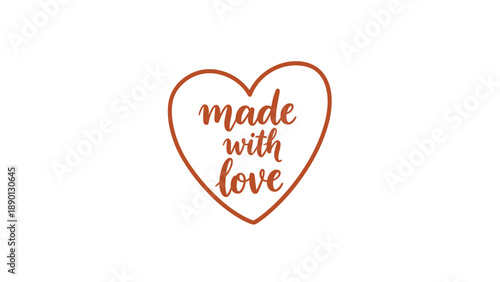Minimalist heart shape frame containing elegant handwritten calligraphy text saying made with love for handmade products and gifts.