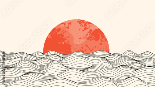 Abstract Japanese style landscape illustration showing a large red sun setting over rhythmic wavy lines of the sea in a minimalist art style.