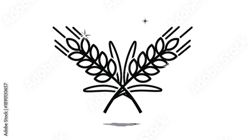 Simple black and white vector illustration of two crossed stalks of wheat grain with tiny decorative stars for agricultural or nature design.