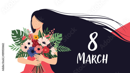 International womens day greeting card featuring a woman with beautiful long hair holding a large bouquet of colorful flowers for 8 March.