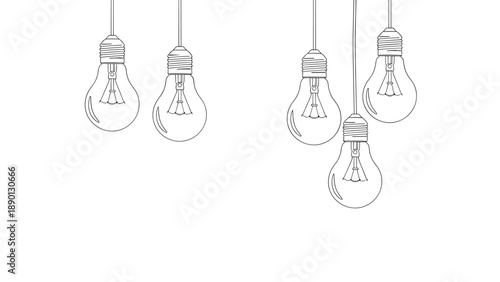 Collection of hanging incandescent light bulbs illustrated in a fine line sketch style on a white background symbolizing ideas and creativity.