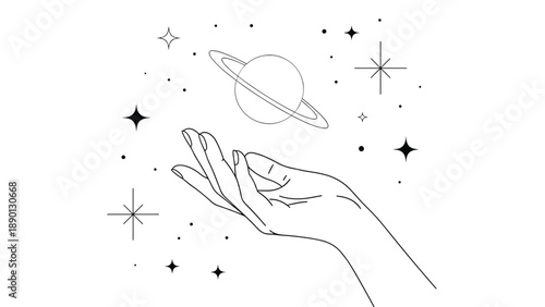 Dreamy celestial illustration of a graceful hand reaching towards the ringed planet Saturn among shining stars in a mystical night sky.