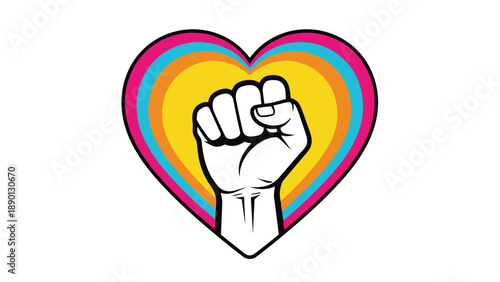 Empowerment and social justice symbol showing a strong raised fist inside a vibrant multi colored heart representing love and solidarity.