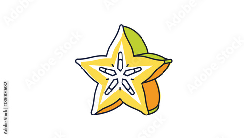 Colorful vector illustration of a ripe starfruit or carambola sliced in half showing its unique star shape and seeds on white background.