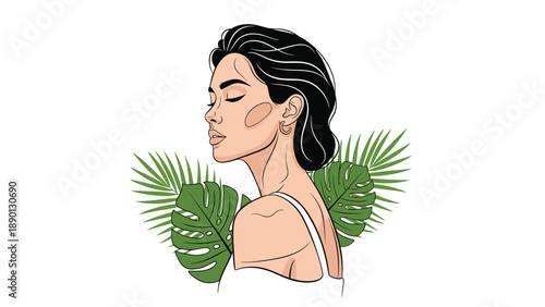 Elegant beauty illustration of a woman in profile with closed eyes and dark hair decorated with tropical green monstera and palm leaves.