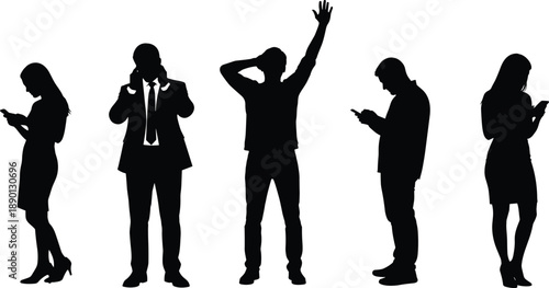 Collection, of, black, silhouettes, featuring, people, using, smartphones, and, mobile, devices, for, communication, business, technology, social, media, and, connectivity.