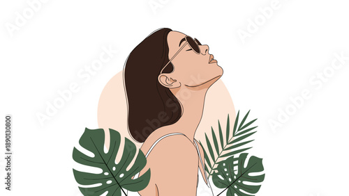 Stylish young woman wearing sunglasses and looking up with leaves in front of her on a soft pink circle background illustration.