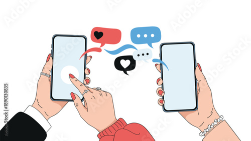 Two pairs of hands holding mobile phones and sending heart and chat messages to each other representing social media communication.