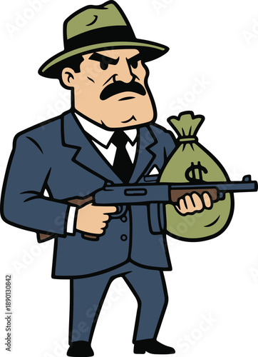 Cartoon gangster vector illustration. Character wearing a blue suit and fedora, holding a shotgun and a bag of money with a dollar sign, isolated on white background.