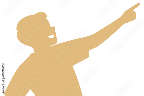 A cheerful young man in a t-shirt pointing upwards with a smile isolated on a white background