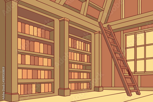 A cozy library corner with wooden bookshelves and a rolling ladder