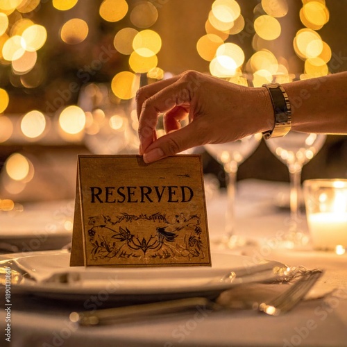 Hand placing reserved sign on a beautifully set dinner table with soft bokeh lights and candles creating a romantic atmosphere
