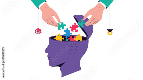 Concept of mental health and problem solving showing hands putting colorful puzzle pieces into an open human head on a white background.