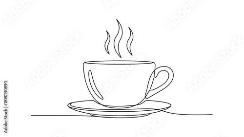 Continuous one line drawing of a steaming cup of coffee sitting on a saucer representing a simple morning routine or cafe break concept.