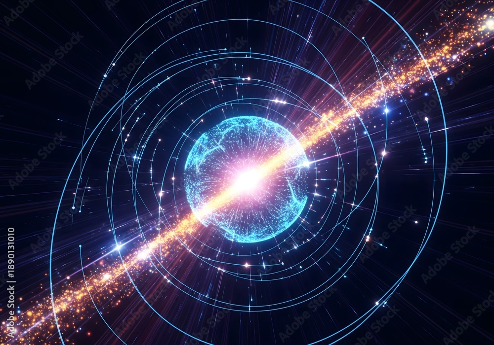 Obraz premium Abstract cosmic energy burst with glowing particles and circular data rings illustrating advanced technology digital innovation scientific visualization and powerful futuristic data transmission