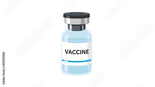 Detailed medical illustration of a glass vaccine vial with a blue liquid and a white label with the word vaccine on a white background.
