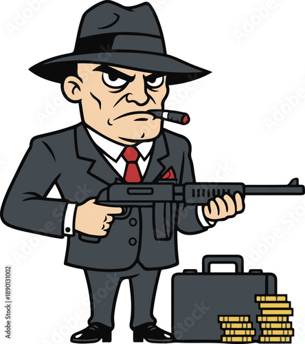 Cartoon gangster vector illustration. Character wearing a grey suit and fedora, smoking a cigar, holding a shotgun next to a briefcase and gold coins, isolated on white background.