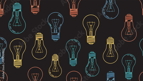 Colorful light bulb pattern with glowing filaments in yellow red blue and green scattered across a solid black background in a dark style.