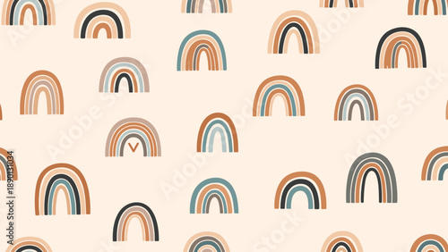 Seamless pattern of colorful hand drawn rainbows on neutral beige background for nursery interior design and baby products.