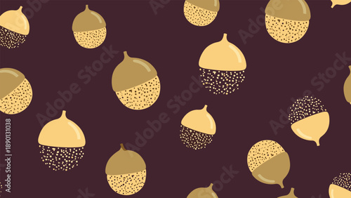 Seamless autumn pattern with cute cartoon acorns on dark brown background for seasonal holiday design and decorative gift wrap.