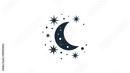 Stylized black crescent moon surrounded by twinkling stars and dots on a clean white background for celestial art themes.