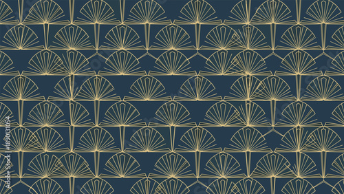 Luxury geometric art deco fan pattern in golden yellow lines on deep dark blue background for sophisticated background design.