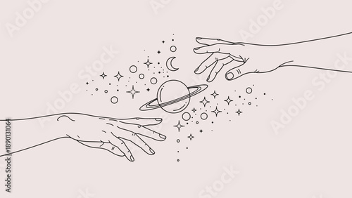 Minimalist line art of two hands reaching towards a central planet Saturn with moons and stars for cosmic and dream themes.