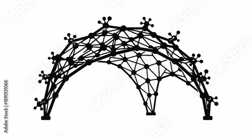 Intricate geometric architectural structure with connected nodes against a white background.