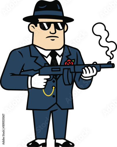 Cartoon gangster vector illustration. Character wearing a blue suit, sunglasses, and fedora, holding a smoking submachine gun with a red rose on his lapel, isolated on white background.